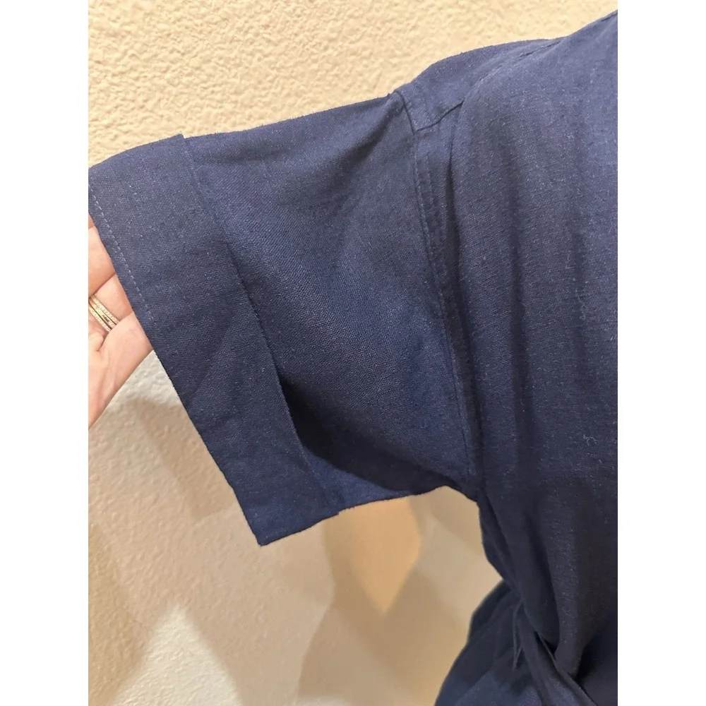 J. Crew Factory Linen Belted Navy Blue Mini Shirt Dress Petite Sm Coastal Preppy